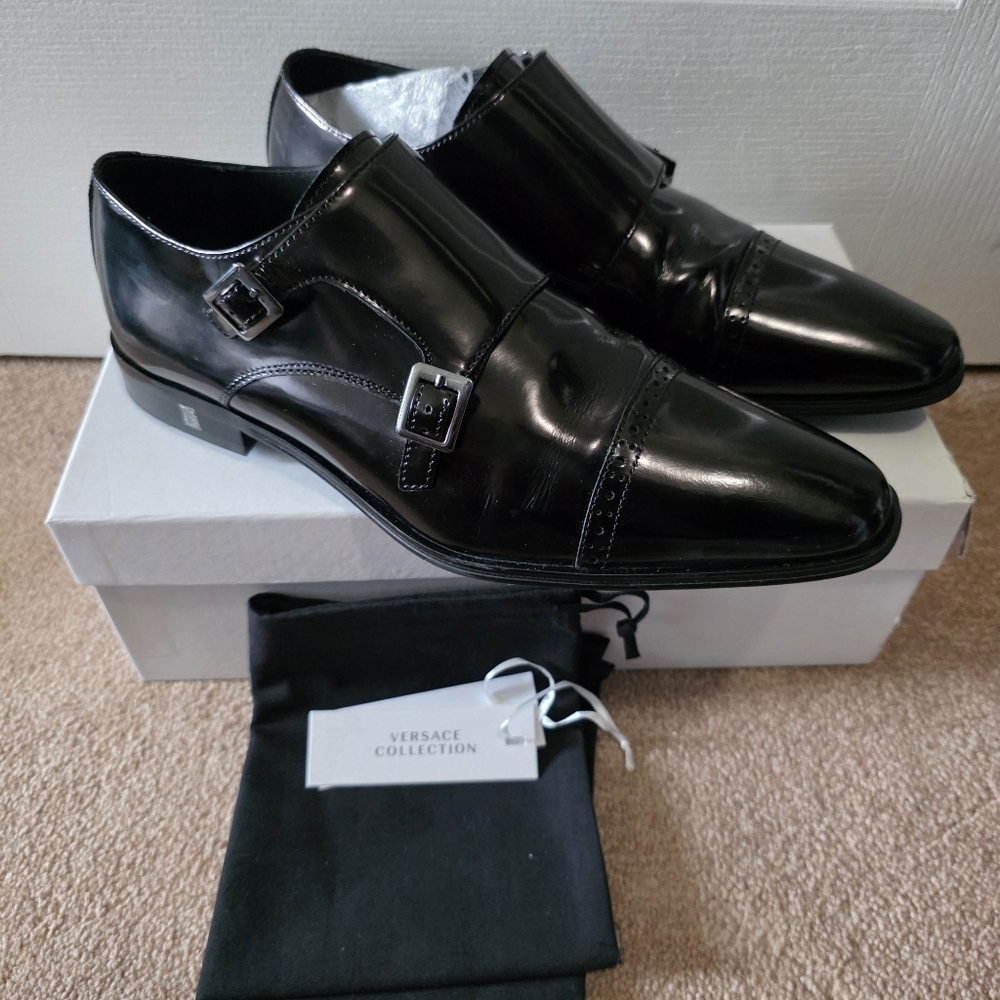 Versace Collection Men's Black Leather Double Monk Strap Shoes 43/10US EUC